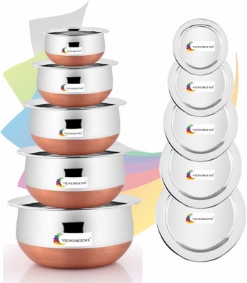 Vigneshgenix Copper with LID Kitchen Serving & Cookware Bowl Set Handi 1.5 L, 1.1 L, 0.8 L, 0.6 L, 0.4 L with Lid(Stainless Steel, Induction Bottom)