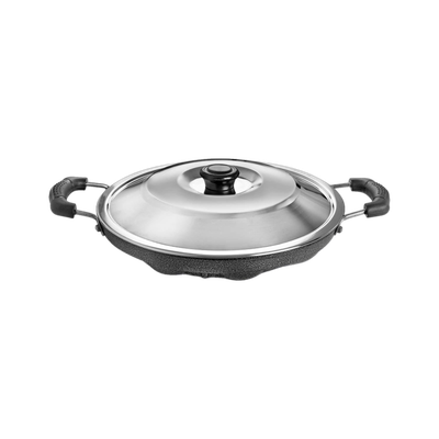 cello Non-Stick 12 Cavity Appam Patra Double Handle Paniarakkal Pan 25 cm diameter with Lid 1 L capacity(Aluminium, Non-stick)