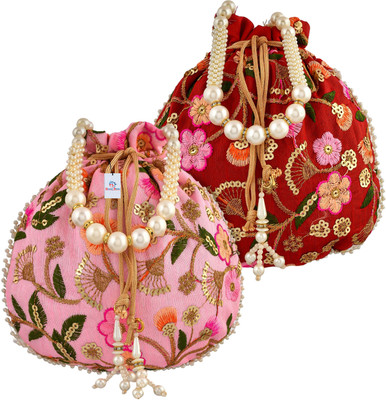 Heart Home Silk New Flower Embroidery Potli|Drawstring Beads Handle Potli|Pack of 2|Multi Potli(Pack of 2)