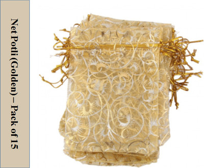 Dev Handicraft Festival and Wedding Gifting Shagun Pouch Potli for Women (Golden) -Pack of 15 Potli(Pack of 15)