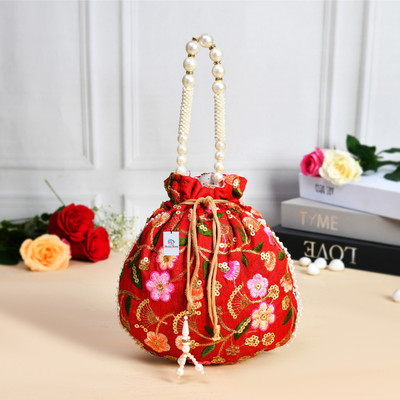 Heart Home Silk New Flower Embroidery Potli|Drawstring Beads Handle Potli|Maroon Potli