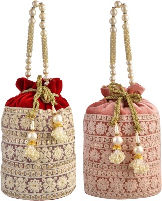 KUBER INDUSTRIES Velvet Embroidery Lucknowi Potli for Woman|Beads Handle Potli|Pack of 2|Multi Potli(Pack of 2)