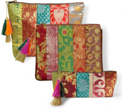 PRASHU Combo Recycled Brocade Patchwork Makeup Utility Pouch Pack Of 3 Pouch(Pack of 3)