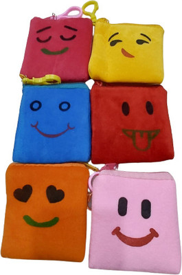 YEF Pack of 6 Multicolour Emoji Smiley Fur Zip Pouch Trendy Cool Pouch(Pack of 6)