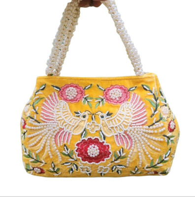 NMS Bird Embroidery Handwork potli With Pearl Handle Potli