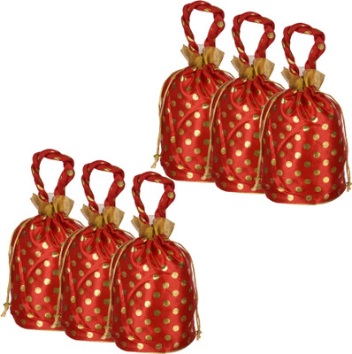 KUBER INDUSTRIES Silk Golden-Dot Potli|Round Drawstring Shagun Potli with Handle|Pack of 6|Red Potli(Pack of 6)
