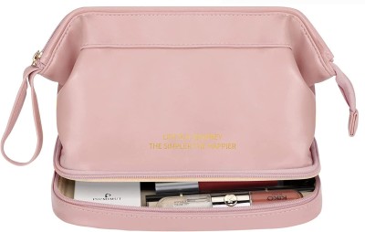 SUNBEET Travel Makeup Bag, Double Layer Cosmetic Organizer Bag, Large Zipper Bag(Pink)