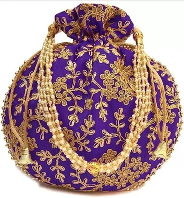 AtheenaAris Silk Made Purple Zari Embroidery Potli with Pearl Handle For Women Potli