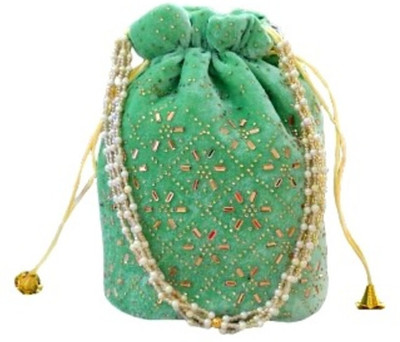Sunesh Creation Ethnic Potli Handbag with Beaded Handle, Floral Embroidery, Velvet Wristlet Potli