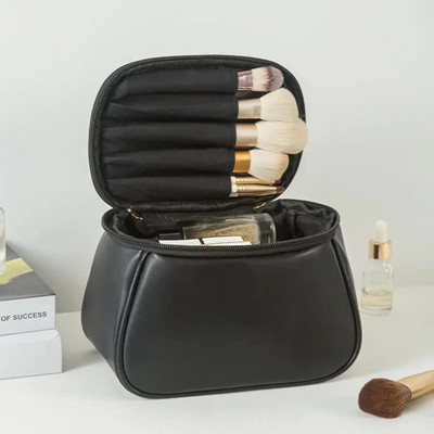 RVKE Portable Makeup Bag | PU Leather Cosmetic Organizer Pouch with Handle & Zipper Cosmetic Bag