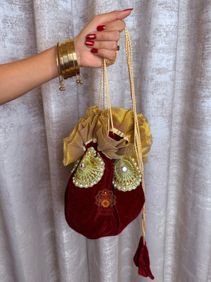 Shagun Shakti Potli Bags For Pooja | Traditional Goody Bags | Velvet Maroon potli begs Potli
