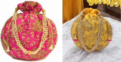 daily deals Beautiful & Elegant Potli for Women, Pink-Yellow Potli(Pack of 2)