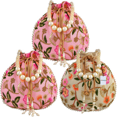 HOMESTIC Silk New Flower Embroidery Potli|Drawstring Beads Handle Potli|Pack of 3|Multi Potli(Pack of 3)