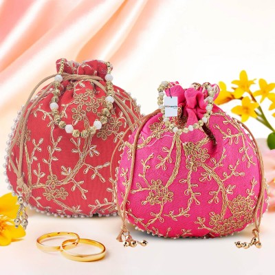 HOMESTIC Pack of 2 Embroidery Potli Bags | Shagun Pouches | Pink & Red Potli