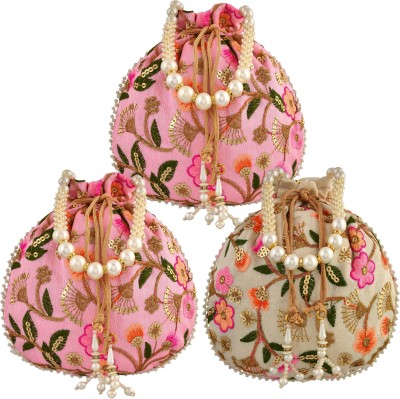 KUBER INDUSTRIES Silk New Flower Embroidery Potli|Drawstring Beads Handle Potli|Pack of 3|Multi Potli(Pack of 3)