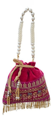 SUNVIKA House Vintage Style Potli Handbag, Velvet with Pearl Beads and Gold Fringe Potli