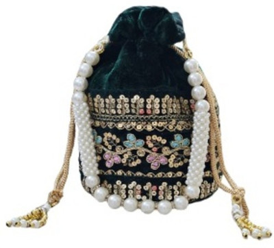 SUNVIKA House Ethnic Potli Handbag with Beaded Handle, Floral Embroidery, Velvet Wristlet Potli