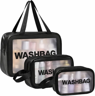 Godadi Wala Transparent Wash Bag Set of 3 | Waterproof Organizer for Unisex Travel Toiletry Kit(Black)