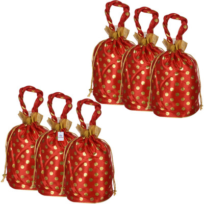Heart Home Silk Golden-Dot Potli|Round Drawstring Shagun Potli with Handle|Pack of 6|Red Potli(Pack of 6)