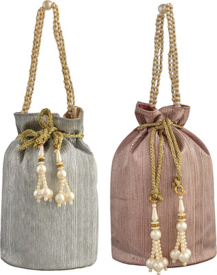 KUBER INDUSTRIES Polyester Metallic Shining Potli for Woman|Beads Handle Potli|Pack of 2|Multi Potli(Pack of 2)