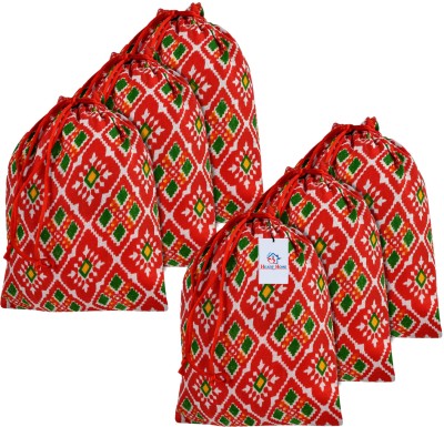 Heart Home Silk Patola-Print Drawstring Potli|Gift Potli|Medium|7x9 Inch|Pack of 6|Red Potli(Pack of 6)