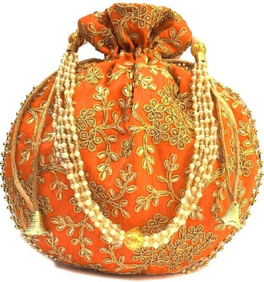 AtheenaAris Silk Made Orange Embroidered Potli with Pearl Handle For Women Potli
