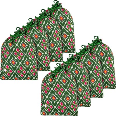 KUBER INDUSTRIES Silk Patola-Print Drawstring Potli|Gift Potli|Medium|7x9 Inch|Pack of 8|Green Potli(Pack of 8)