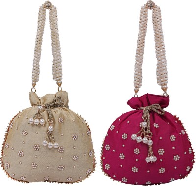 KUBER INDUSTRIES Silk 2 Pieces Women Potli Bag (Gold & Pink) -CTKTC7269 Potli(Pack of 2)