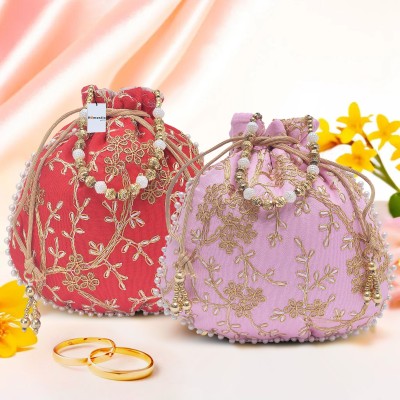 HOMESTIC Pack of 2 Embroidery Potli Bags | Shagun Pouches | Light Pink & Red Potli