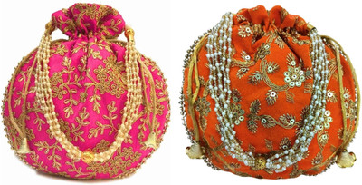 Fancy Walas Beautiful & Elegant Potli for Women, Pink-Orange Potli(Pack of 2)