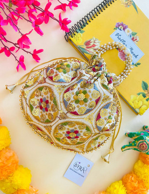 byra Round Rangoli Sequence Embroidered Party Potli Bag for Bride Potli