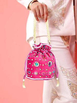 Zari and Fashion women designer wedding pink color velvet potli bag Potli