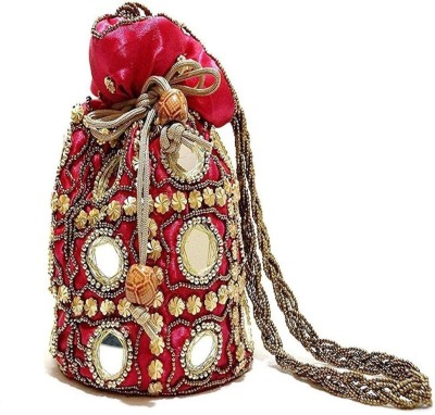 Purpledip Potli Bag (Clutch, Drawstring Purse) For Women With Intricate Gold Thread & Sequin Embroidery Work (Maroon Color,11268) Potli