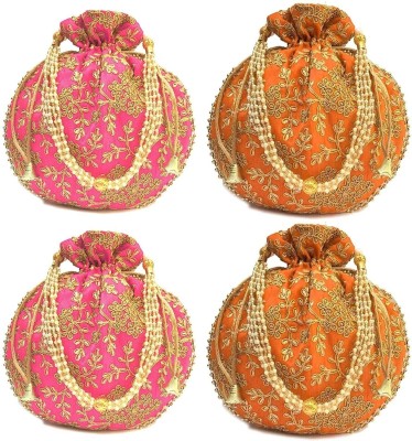 HouseOfCommon 4 Pcs Potli bags (2 Pcs Orange and 2 Pcs Pink Potli bags Combo) Potli