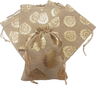 VedVista Jute Potli Drawstring Bags of Size 6×8 inch with Leaf Design Pattern Pouches Potli(Pack of 5)