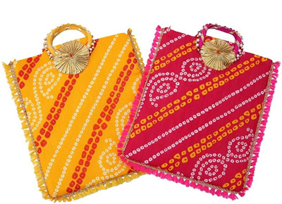 4Ever Women's Bandhej/Bandhani Traditional Rajasthani Combo of Potli Bags and Envelope Clutch Set with Handle for Special Occasions/Wedding Potli(Pack of 2)