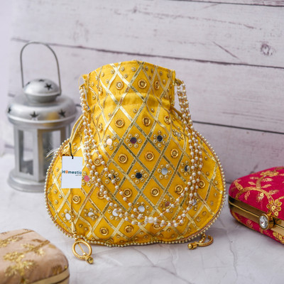 HOMESTIC Mirror Check Drawstring Potli With Handle|Shagun Potli|Yellow Potli