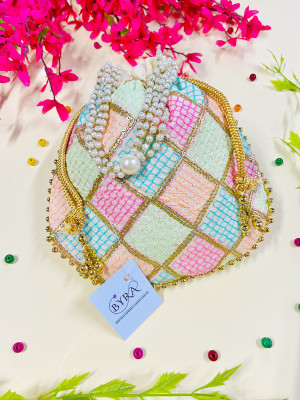 byra Women Multi Color Thread silk Potli with Pearl Handle & Golden Latkan Potli