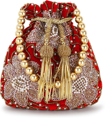 Anekaant Dangle Red, Bronze & Multi Velvet Floral Embellished Potli