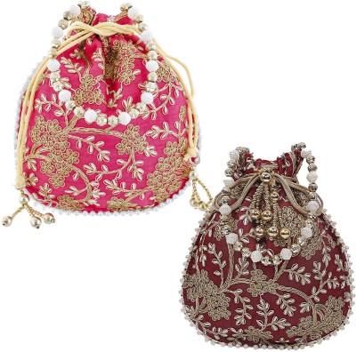 KUBER INDUSTRIES Potli|Hand Purse With Gold Pearl Border & Handle Pack of 2 (Maroon & Pink) Potli(Pack of 2)