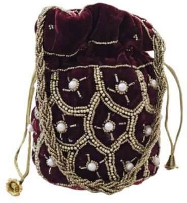 Sunesh Creation Ethnic Potli Handbag with Beaded Handle, Floral Embroidery, Velvet Wristlet Potli
