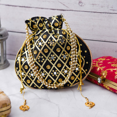 KUBER INDUSTRIES Mirror Check Drawstring Potli With Handle|Shagun Potli|Black Potli