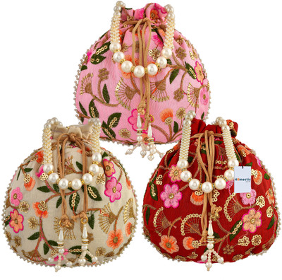 HOMESTIC Silk New Flower Embroidery Potli|Drawstring Beads Handle Potli|Pack of 3|Multi Potli(Pack of 3)