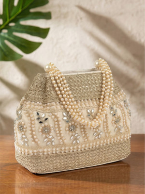 Demerra Women's Gold Pearl Embroidered Potli Handbag for Wedding Party & Festive Use Potli