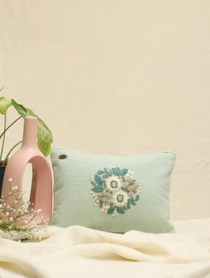 DESIGN GAATHA Mint Green hand embroidered Pure Linen Utility Pouch with Lining & Zip Pouch