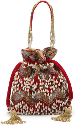 Anekaant Dangle Cherry Red & Multi Embellished Velvet Potli Potli