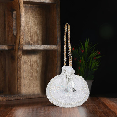 QNS Designer Embroidered Potli Bag, Pearl Handle | Wedding Party Ethnic Clutch Potli