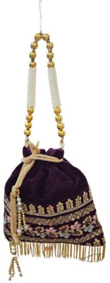 Sunesh Creation Vintage Style Potli Handbag, Velvet with Pearl Beads and Gold Fringe Potli