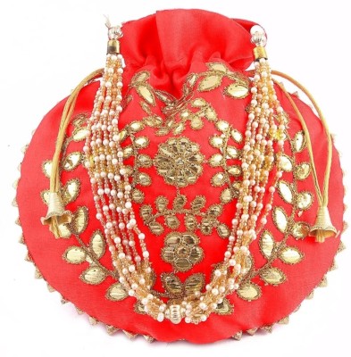 AtheenaAris Silk Made Red Zari Embroidery Potli with Pearl Handle For Women Wristlet Gift Potli