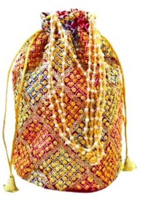 SUNVIKA House Pearl Handle Vintage Floral Knitted Drawstring Potli Bag,Multicolour Pattern Potli